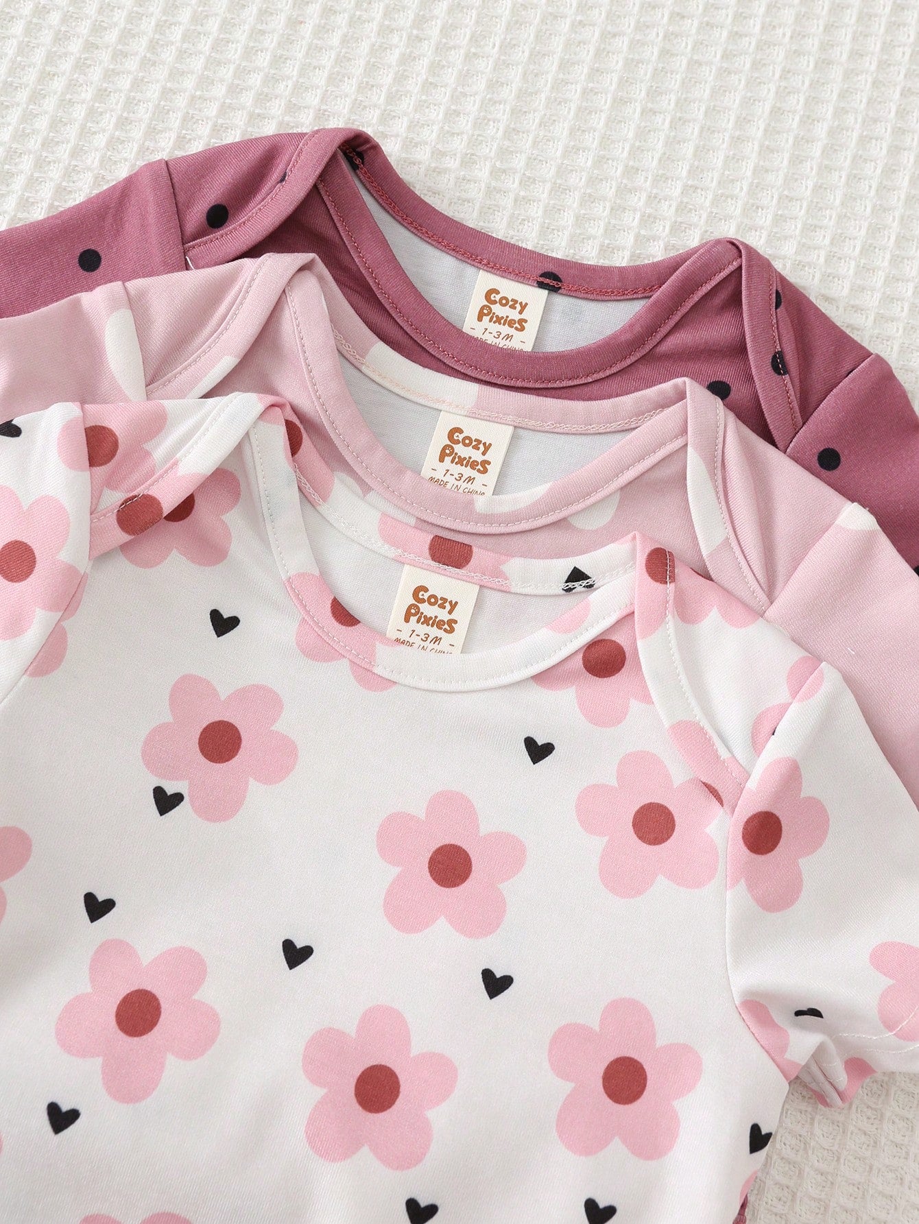 3pcs Baby Girls Floral & Heart Print Bodysuit & Jogger Set - Blush ...