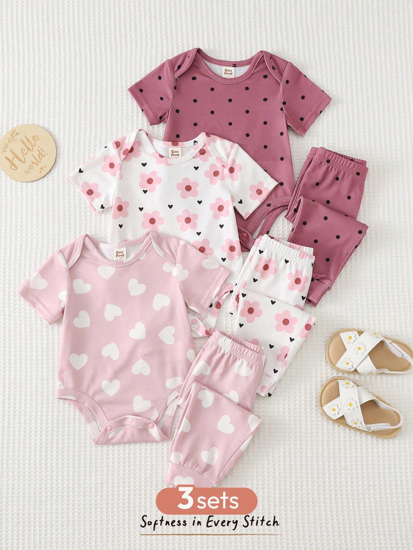 3pcs Baby Girls Floral & Heart Print Bodysuit & Jogger Set - Blush ...