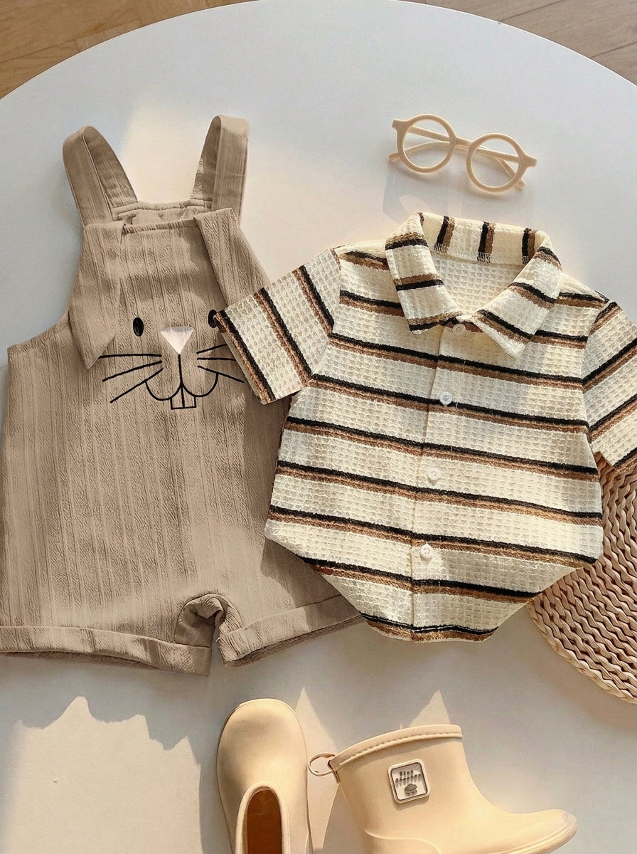 2pcs Boys Striped Polo Shirt & Bunny Dungaree Set - Griege