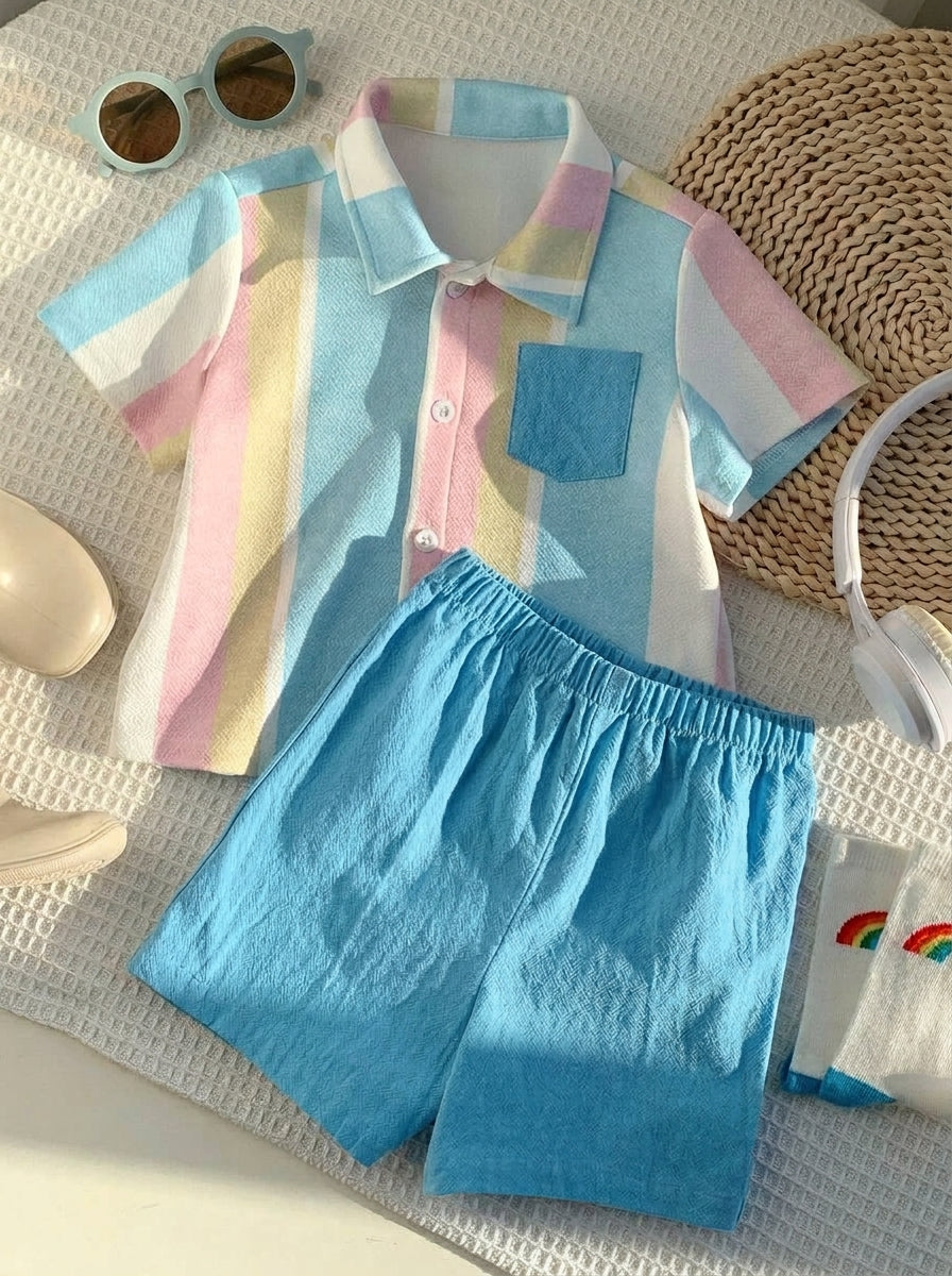 2pcs Unisex Rainbow Stripe Shirt & Shorts Set - Cerulean | 21 Centu...