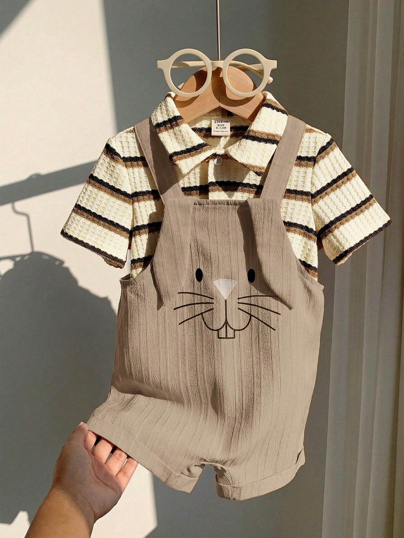2pcs Boys Striped Polo Shirt & Bunny Dungaree Set - Griege | 21 Cen...