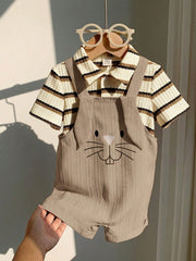 2pcs Boys Striped Polo Shirt & Bunny Dungaree Set - Griege | 21 Cen...