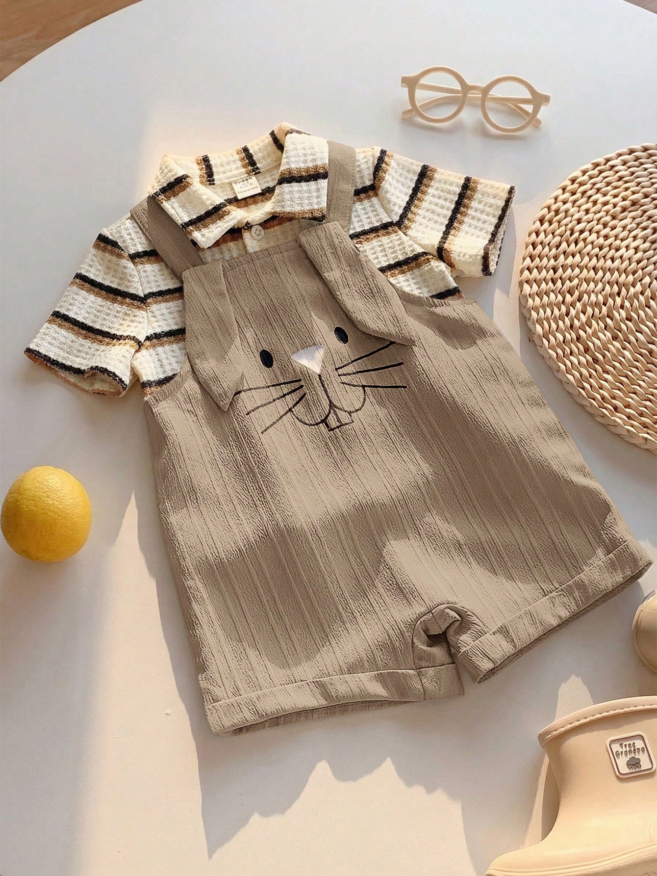 2pcs Boys Striped Polo Shirt & Bunny Dungaree Set - Griege | 21 Cen...