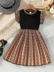 Little Girls Geometric Print Pleated Flutter Sleeve Dress - Caramel