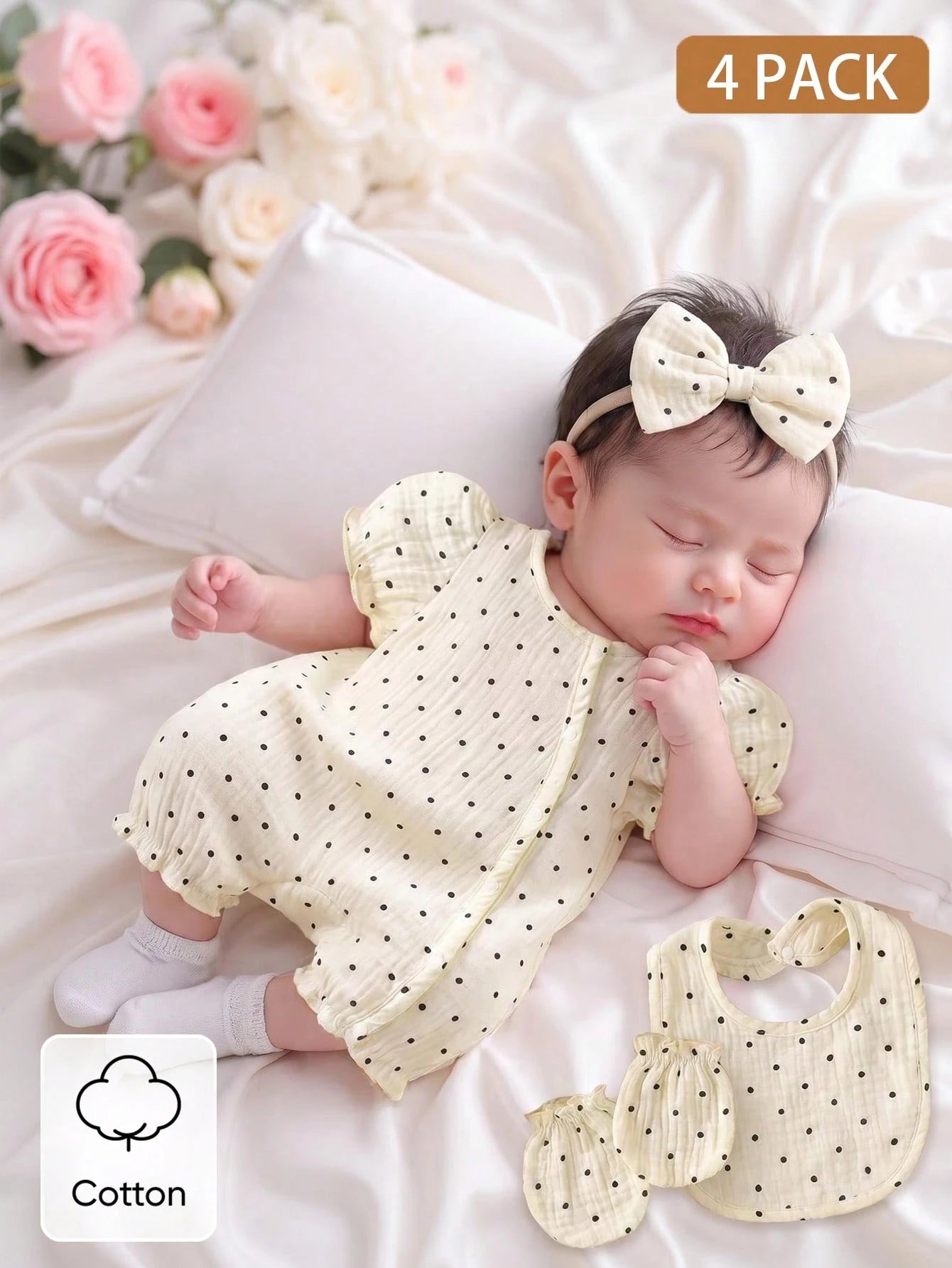 4pcs Baby Girls Polka Dot Puff Sleeve Romper Set - Ecru | 21 Centur...