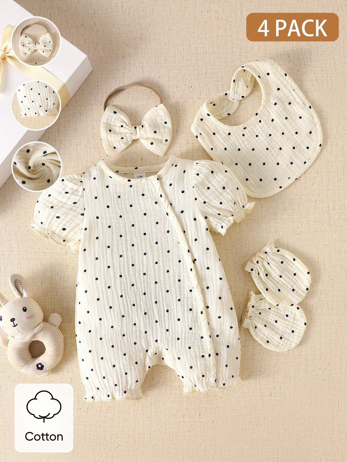 4pcs Baby Girls Polka Dot Puff Sleeve Romper Set - Ecru | 21 Centur...