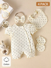 4pcs Baby Girls Polka Dot Puff Sleeve Romper Set - Ecru | 21 Centur...