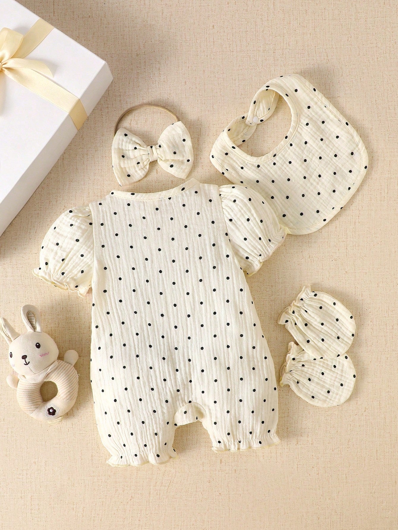4pcs Baby Girls Polka Dot Puff Sleeve Romper Set - Ecru | 21 Centur...
