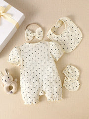 4pcs Baby Girls Polka Dot Puff Sleeve Romper Set - Ecru | 21 Centur...