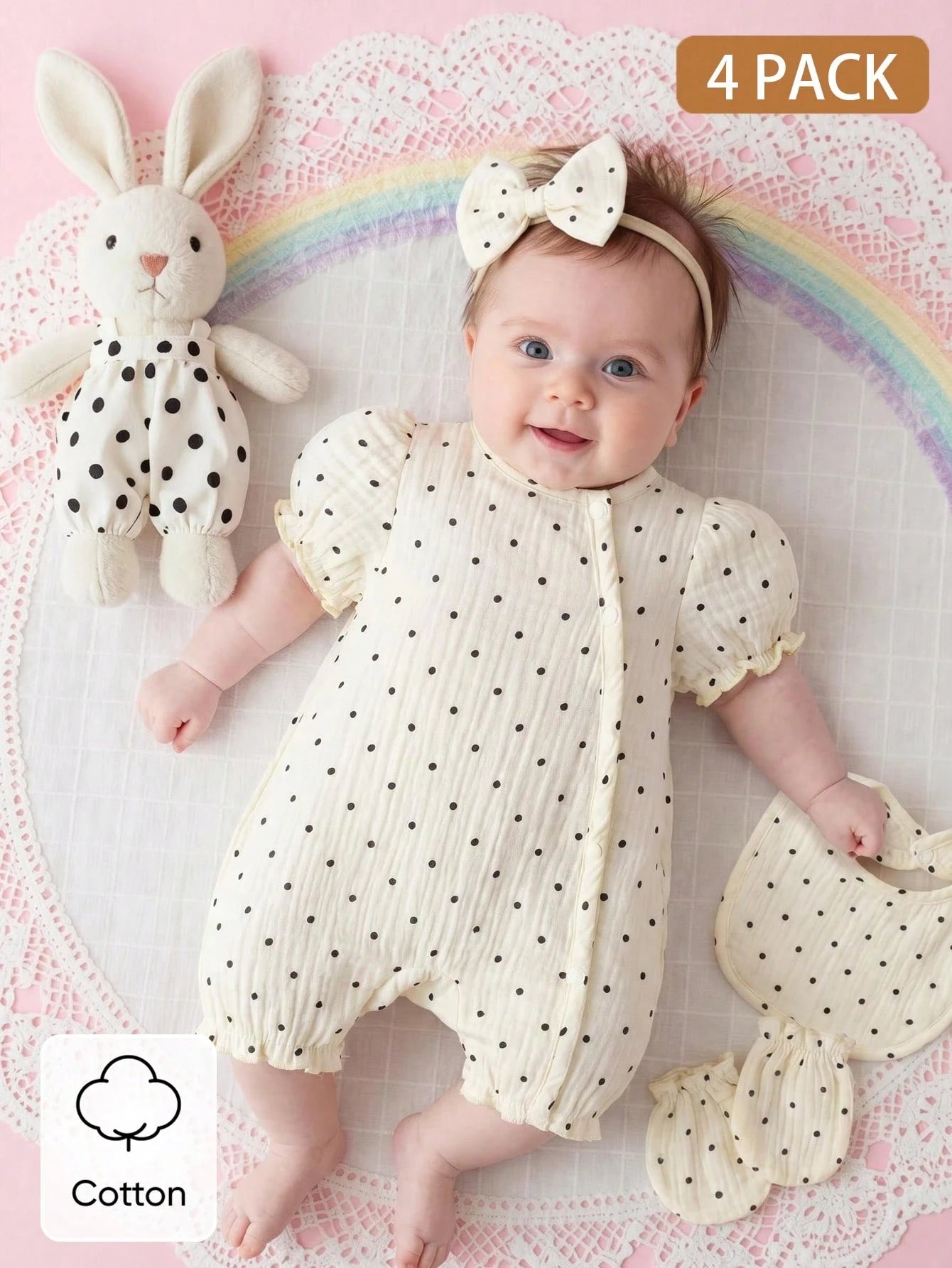 4pcs Baby Girls Polka Dot Puff Sleeve Romper Set - Ecru | 21 Centur...