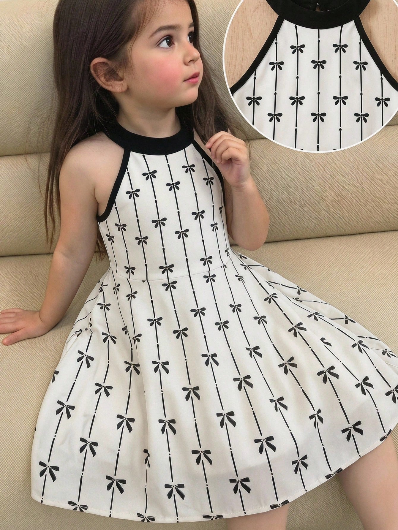 Girls Bow Print Halter Neck Flared A-Line Dress - Ivory