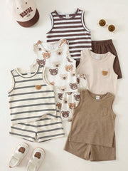 5pcs Boys Bear Print & Stripe Knit Tank Top Set - Isabelline