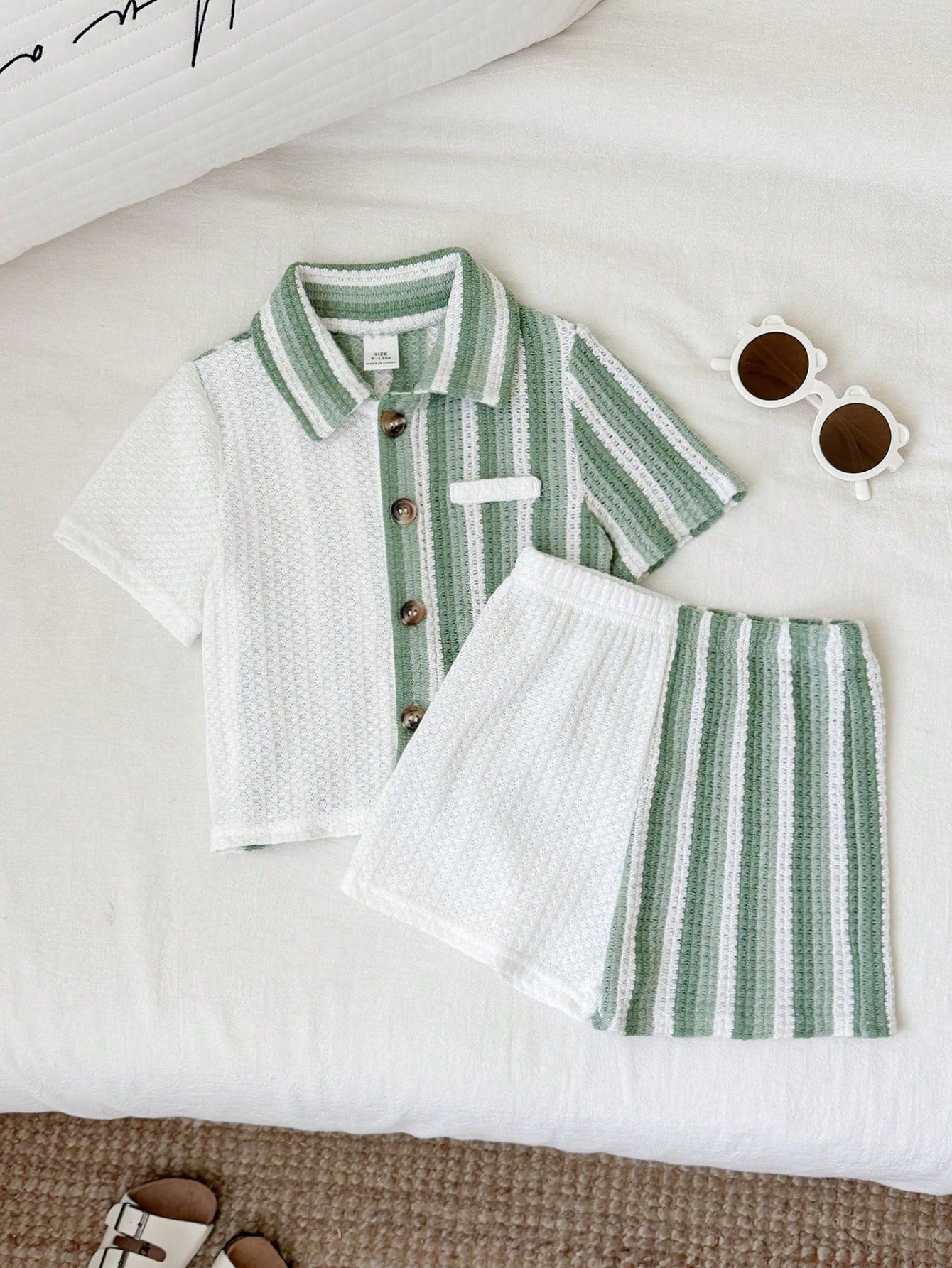 2pcs Boys Colourblock Stripe Knit Shirt & Shorts Set - Sage