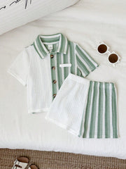 2pcs Boys Colourblock Stripe Knit Shirt & Shorts Set - Sage