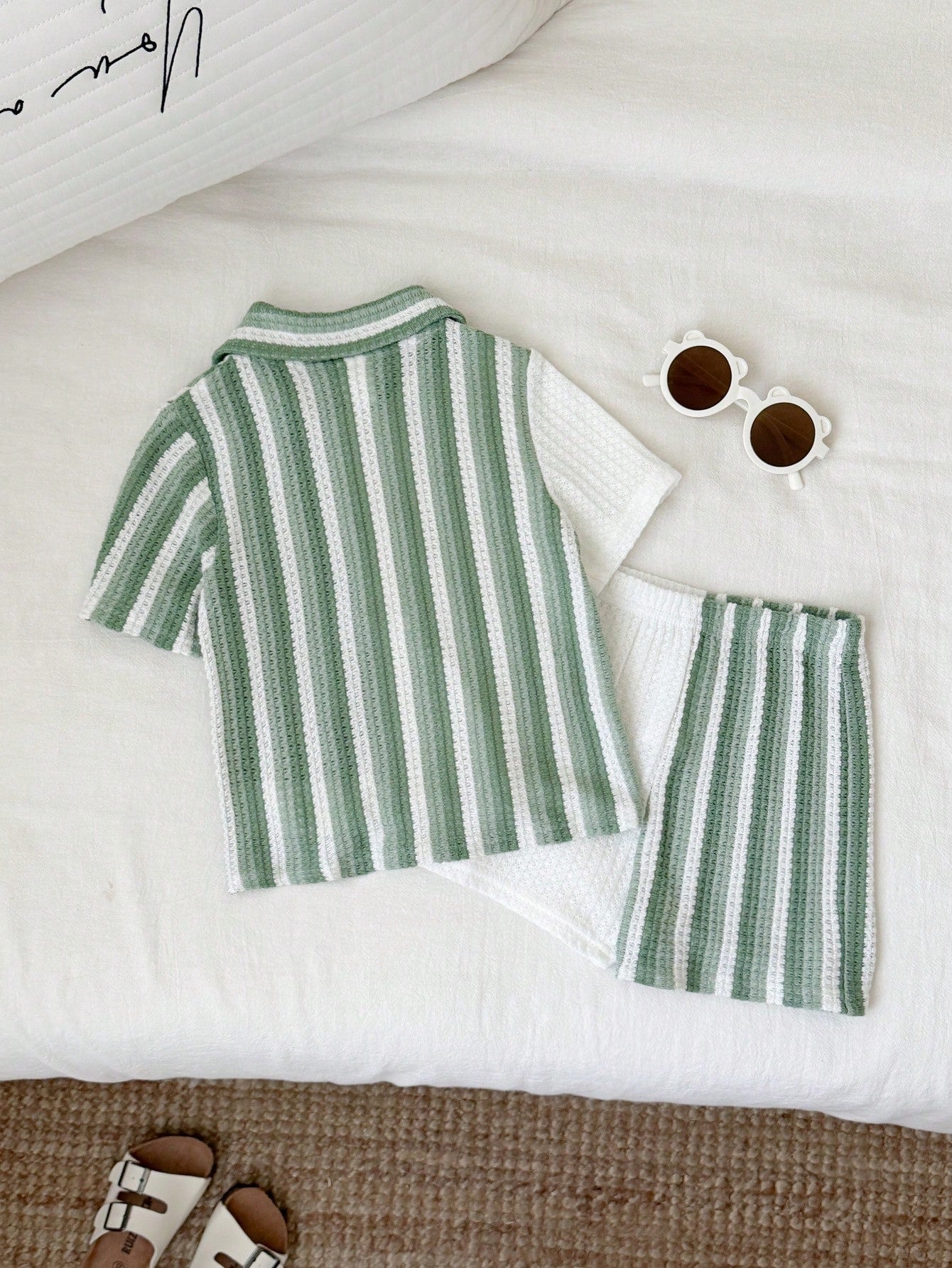 2pcs Boys Colourblock Stripe Knit Shirt & Shorts Set - Sage