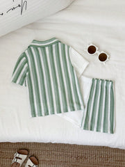 2pcs Boys Colourblock Stripe Knit Shirt & Shorts Set - Sage