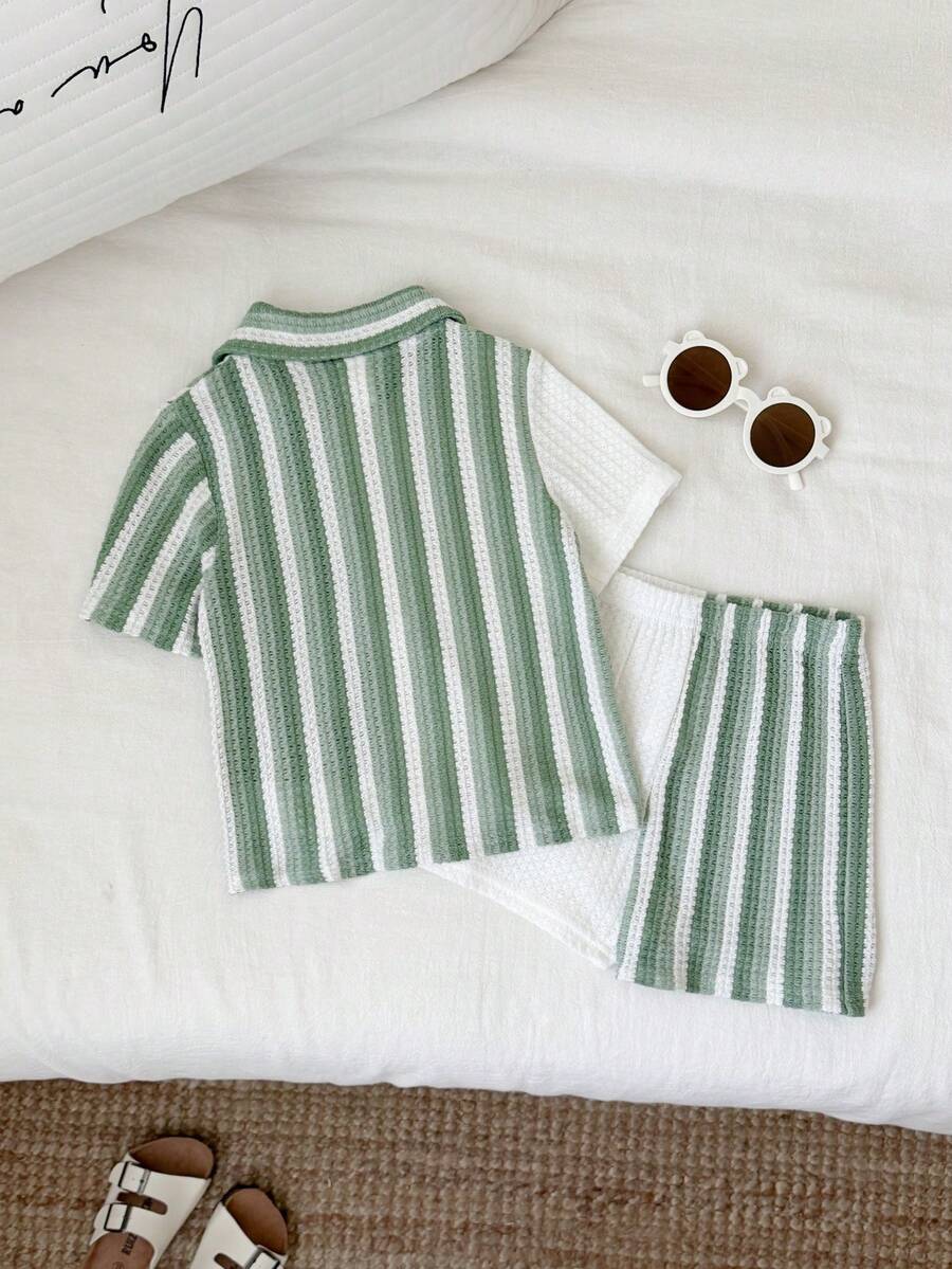 2pcs Boys Colourblock Stripe Knit Shirt & Shorts Set - Sage