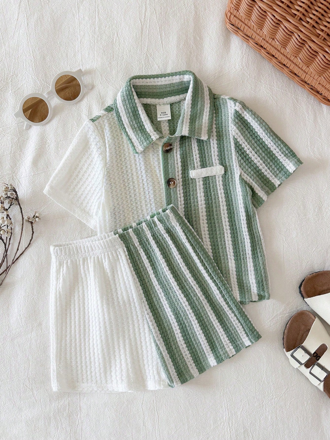 2pcs Boys Colourblock Stripe Knit Shirt & Shorts Set - Sage