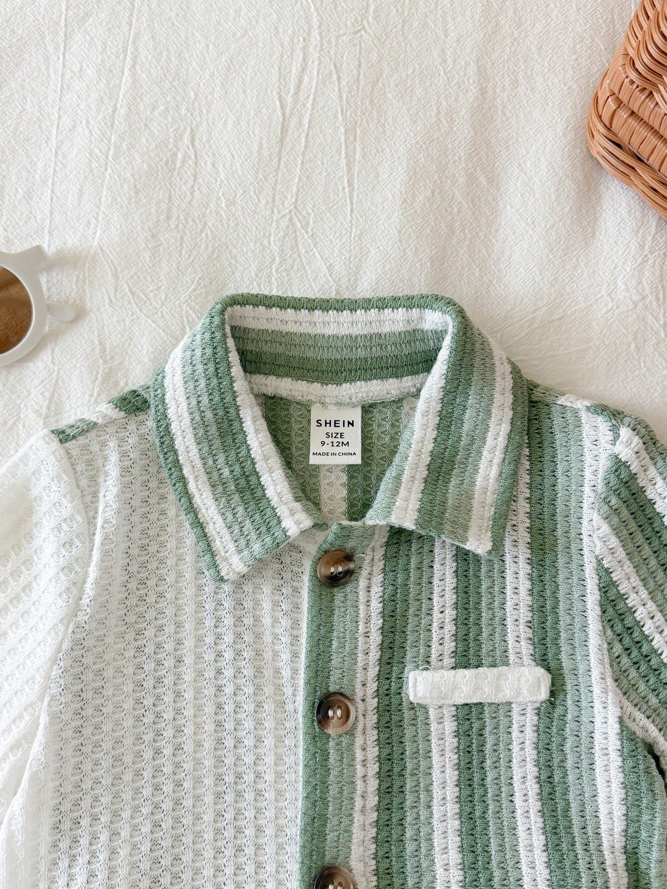 2pcs Boys Colourblock Stripe Knit Shirt & Shorts Set - Sage