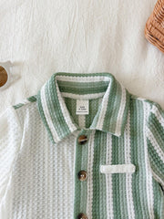 2pcs Boys Colourblock Stripe Knit Shirt & Shorts Set - Sage