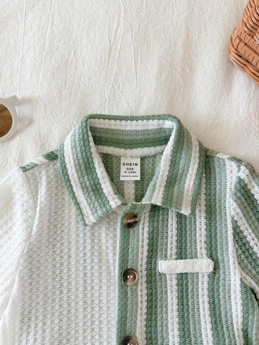 2pcs Boys Colourblock Stripe Knit Shirt & Shorts Set - Sage