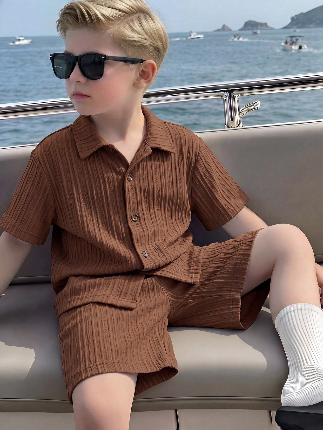 Boys Textured Crinkle Camp Collar Shirt & Shorts - Wenge
