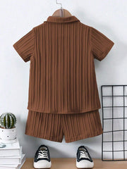 Boys Textured Crinkle Camp Collar Shirt & Shorts - Wenge