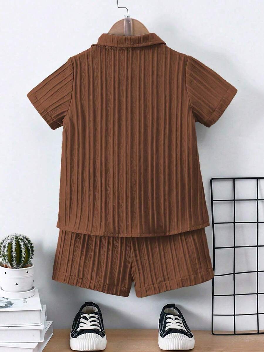 Boys Textured Crinkle Camp Collar Shirt & Shorts - Wenge