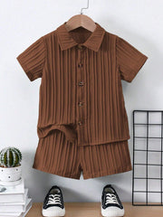 Boys Textured Crinkle Camp Collar Shirt & Shorts - Wenge