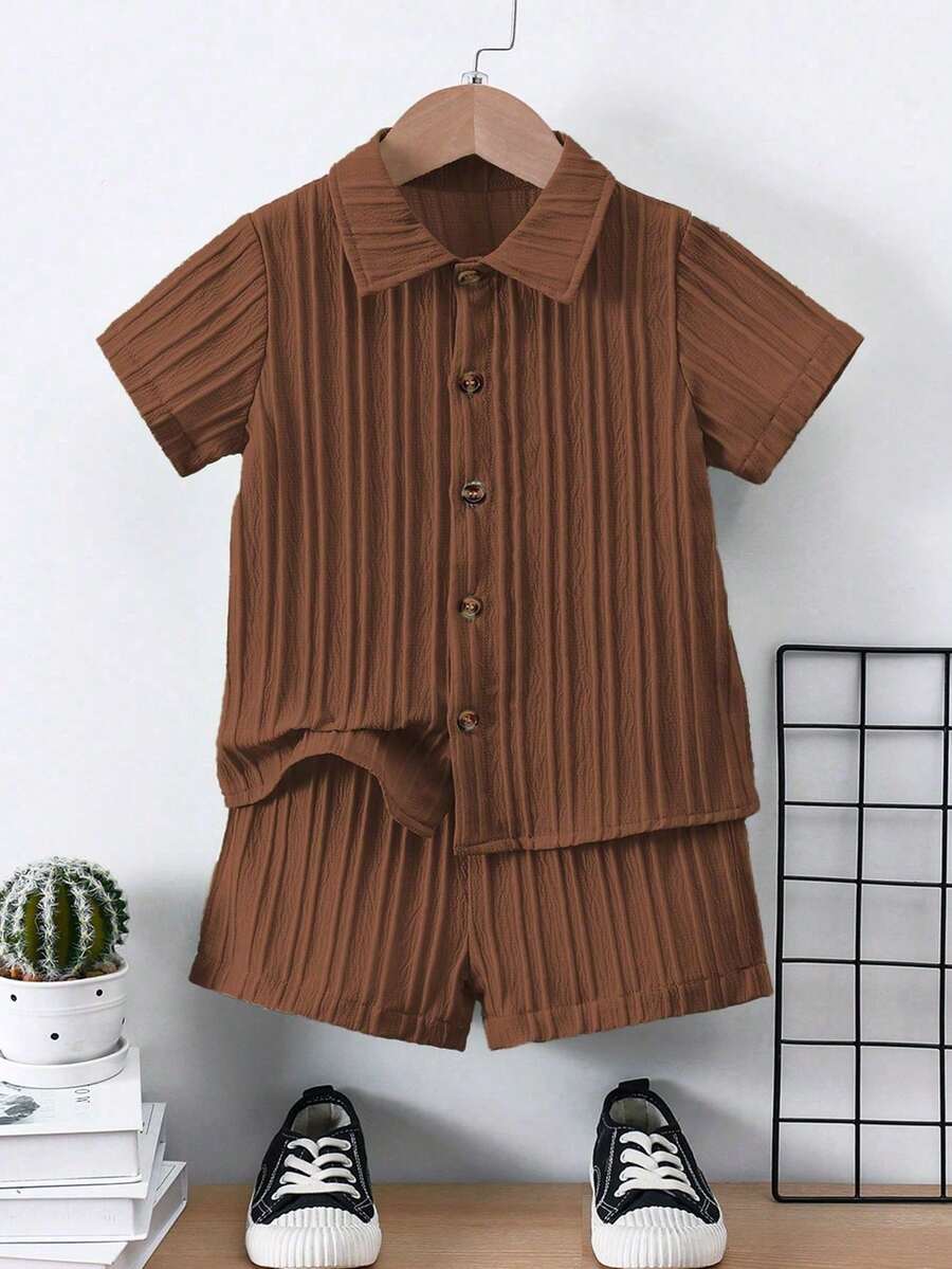Boys Textured Crinkle Camp Collar Shirt & Shorts - Wenge