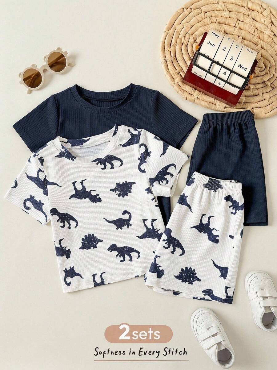 4pcs Boys Dinosaur Print Knit T-Shirt & Shorts Set - Ivory