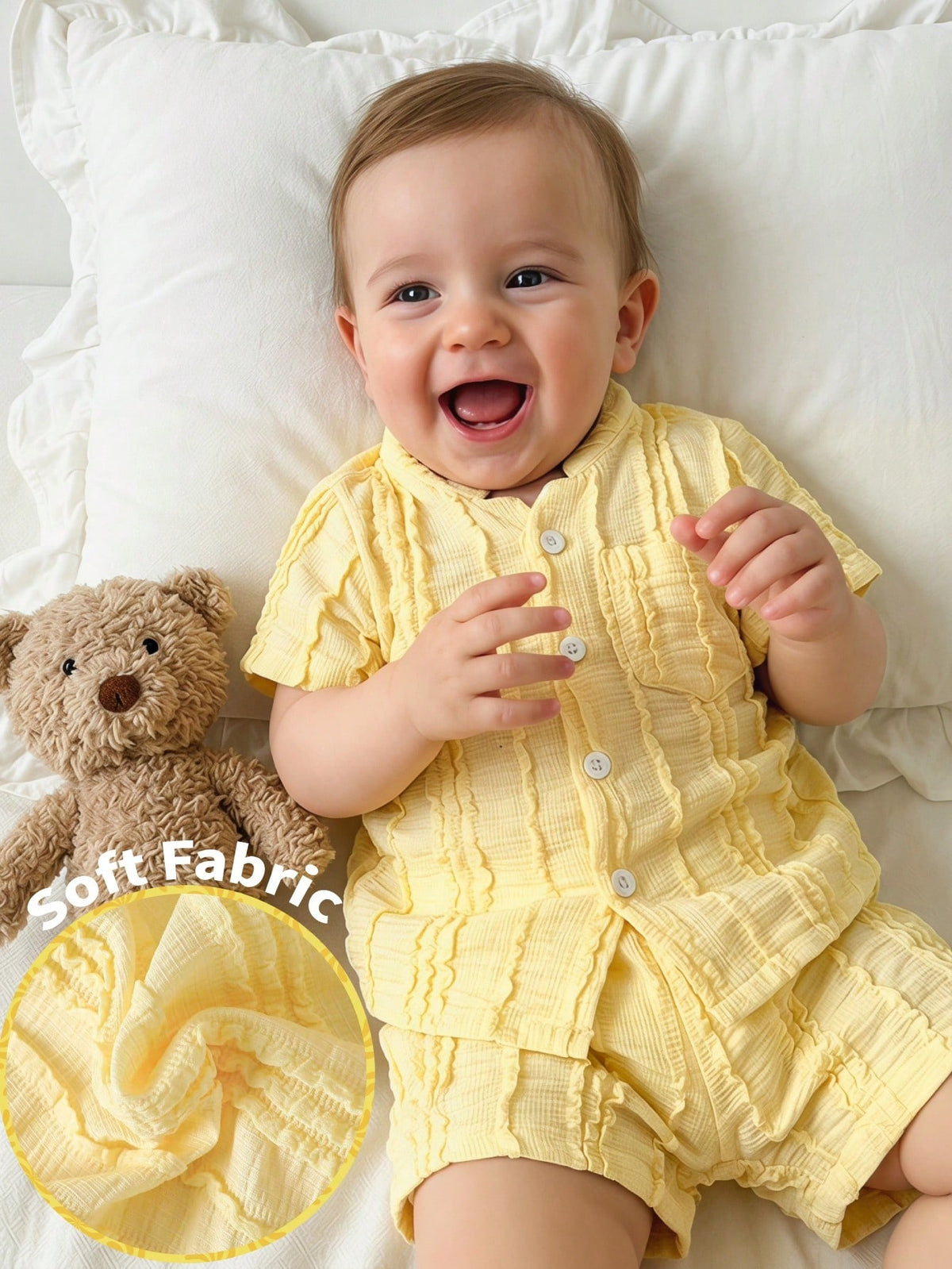 2pcs Boys Textured Mandarin Collar Shirt & Shorts Set - Buttercup