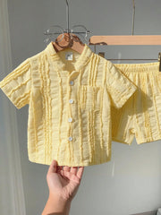 2pcs Boys Textured Mandarin Collar Shirt & Shorts Set - Buttercup