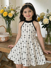 Girls Bow Print Halter Neck Flared A-Line Dress - Ivory