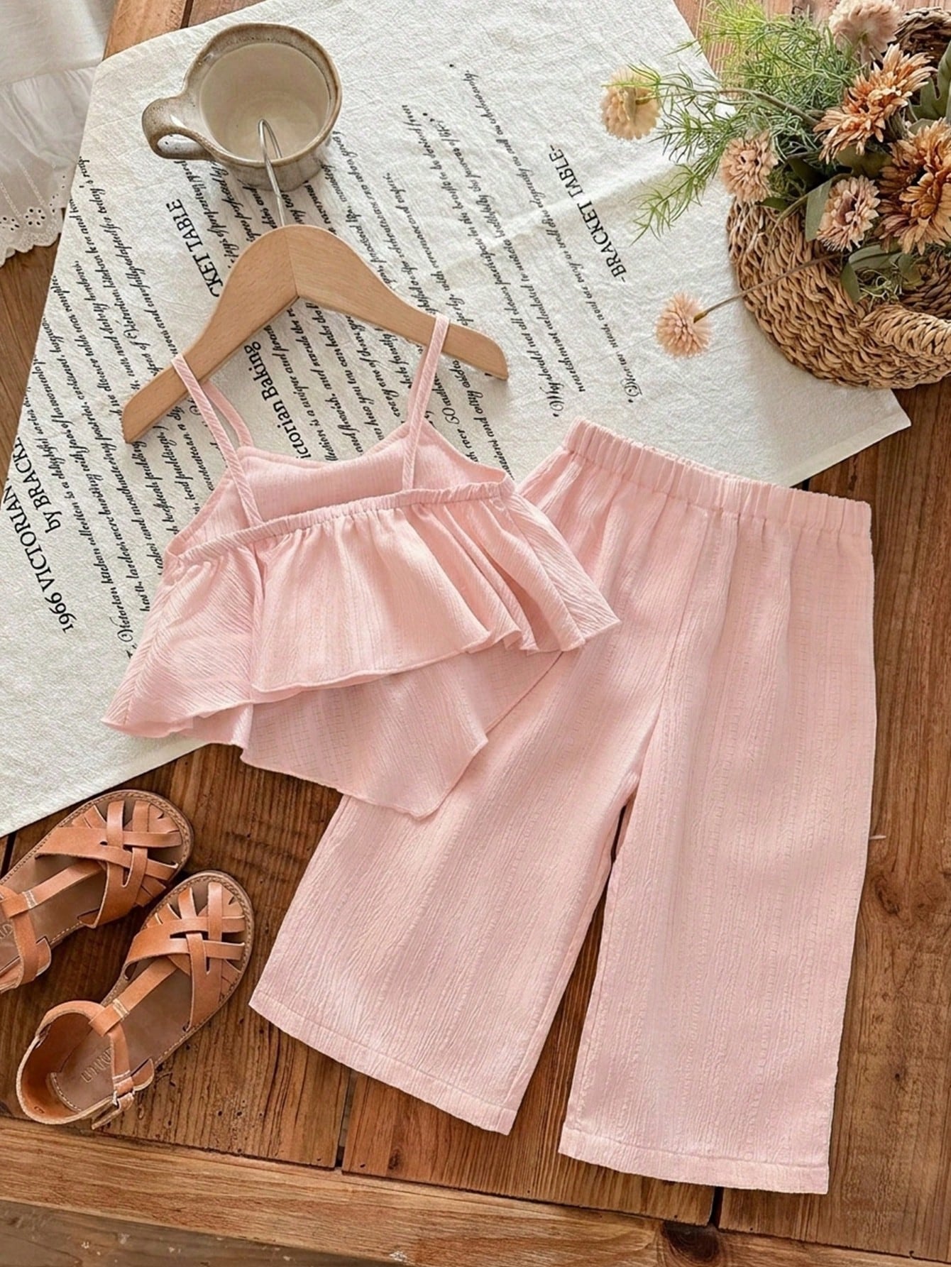 2pcs Girls Ruffle Camisole & Wide-Leg Pants Set - Blush | 21 Centur...