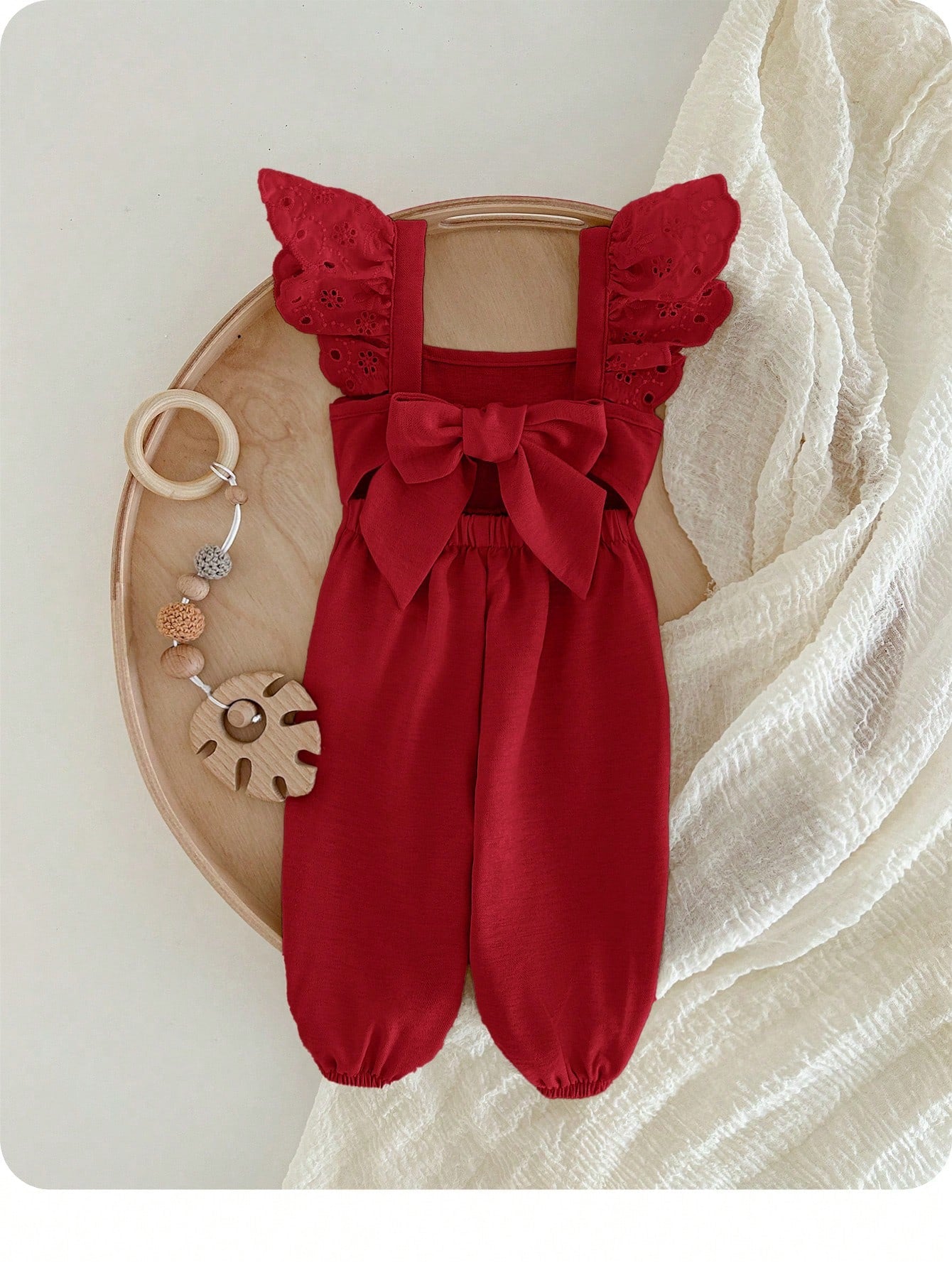 Baby Girls Eyelet Ruffle Bow-Back Long Romper - Scarlet | 21 Centur...