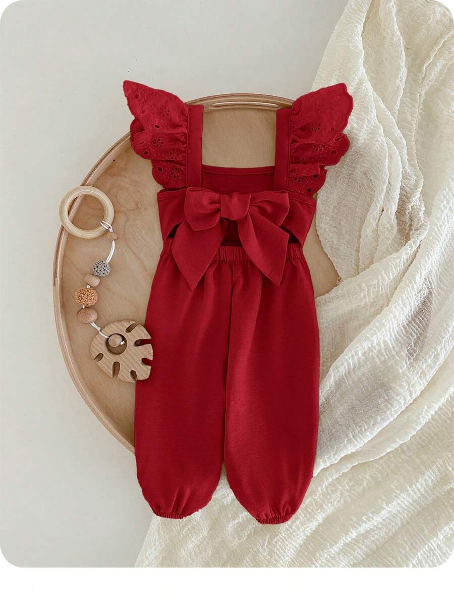 Baby Girls Eyelet Ruffle Bow-Back Long Romper - Scarlet | 21 Centur...