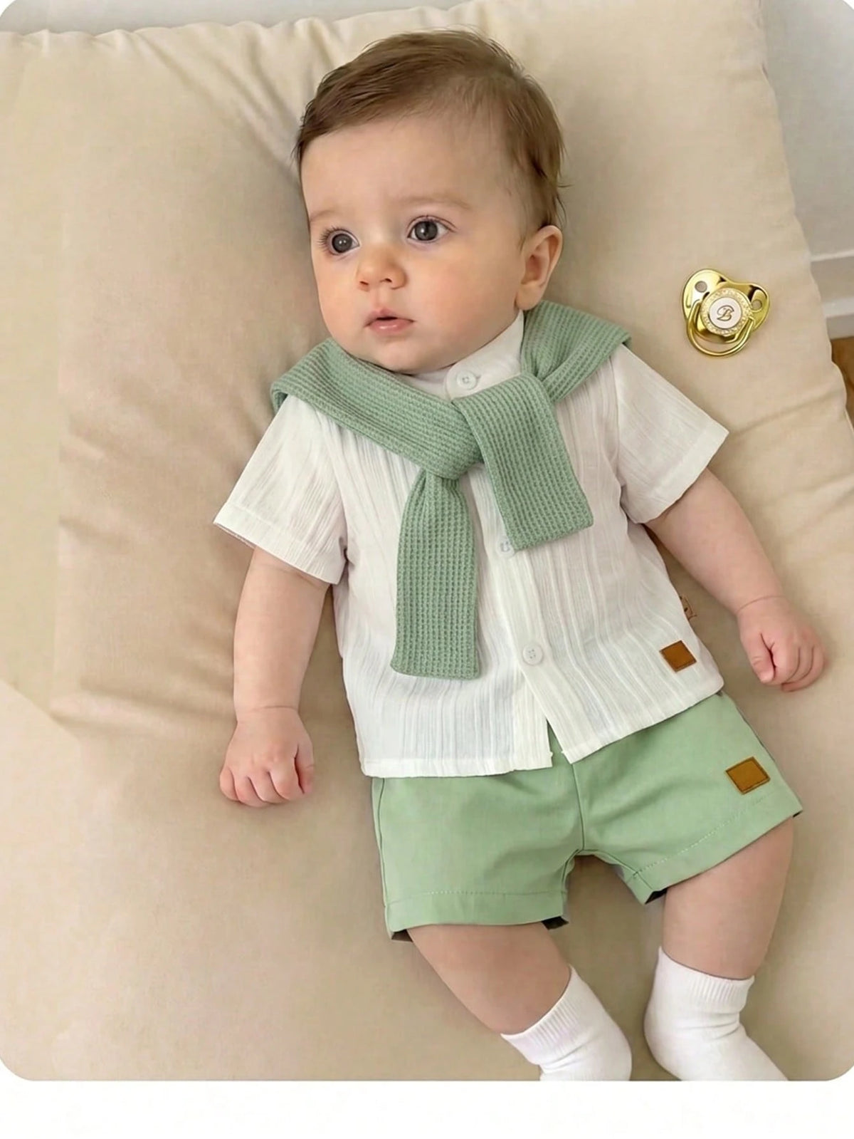2pcs Baby Boys Textured Mandarin Collar Shirt & Shorts Set - Ivory ...