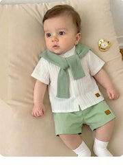 2pcs Baby Boys Textured Mandarin Collar Shirt & Shorts Set - Ivory ...
