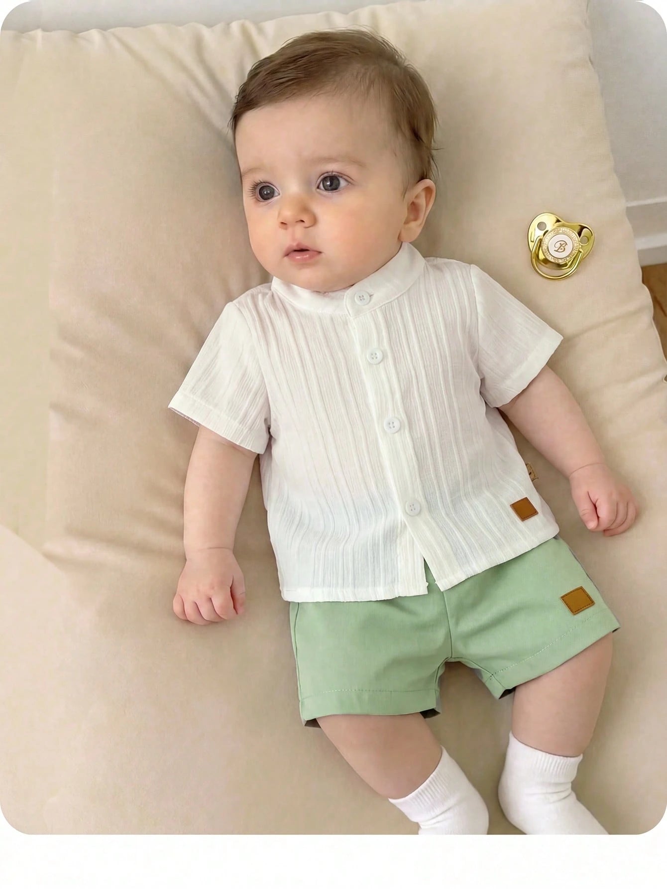 2pcs Baby Boys Textured Mandarin Collar Shirt & Shorts Set - Ivory ...