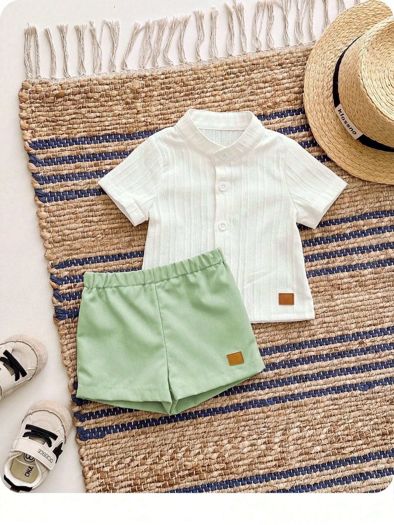 2pcs Baby Boys Textured Mandarin Collar Shirt & Shorts Set - Ivory ...