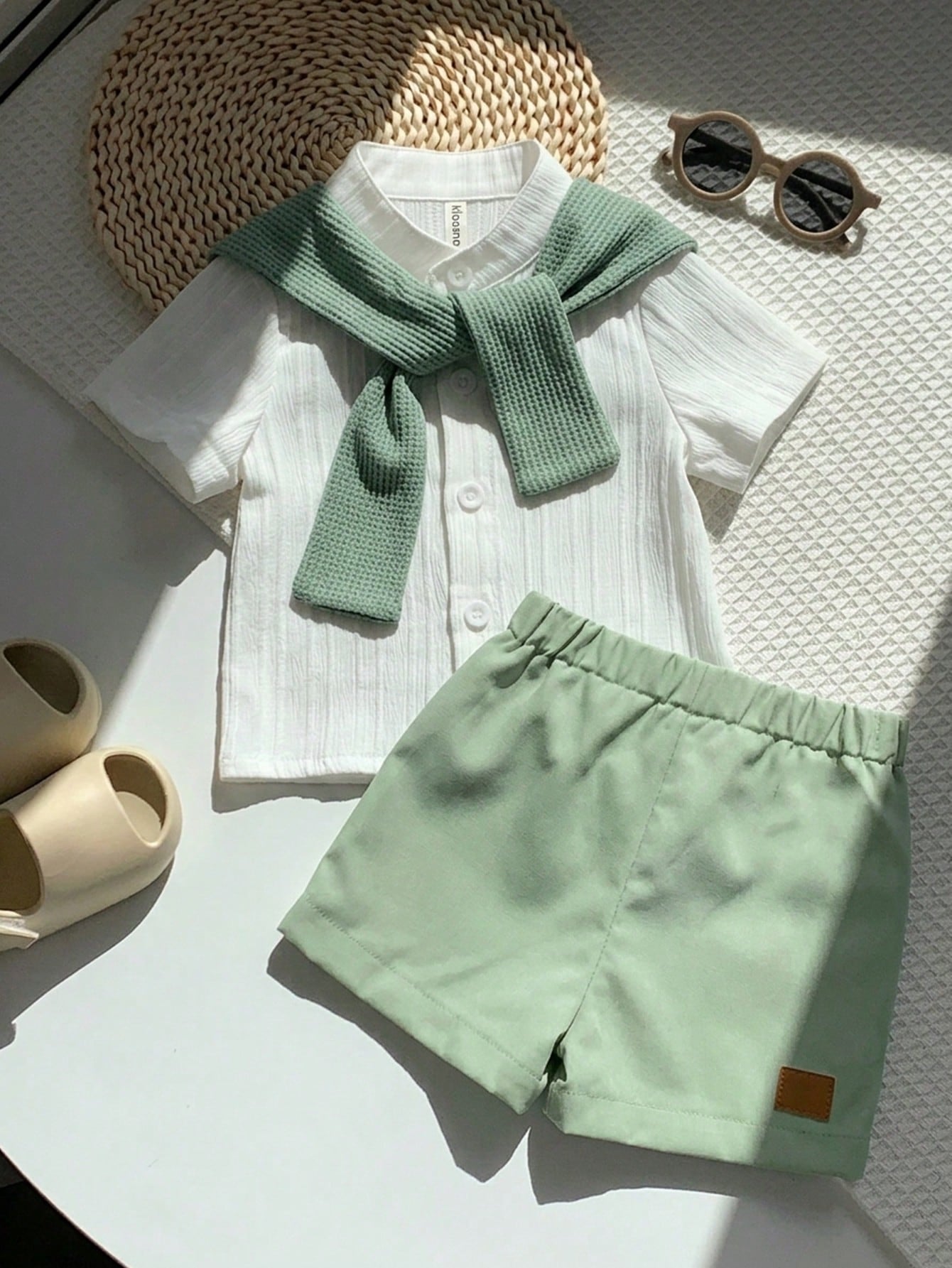 2pcs Baby Boys Textured Mandarin Collar Shirt & Shorts Set - Ivory ...
