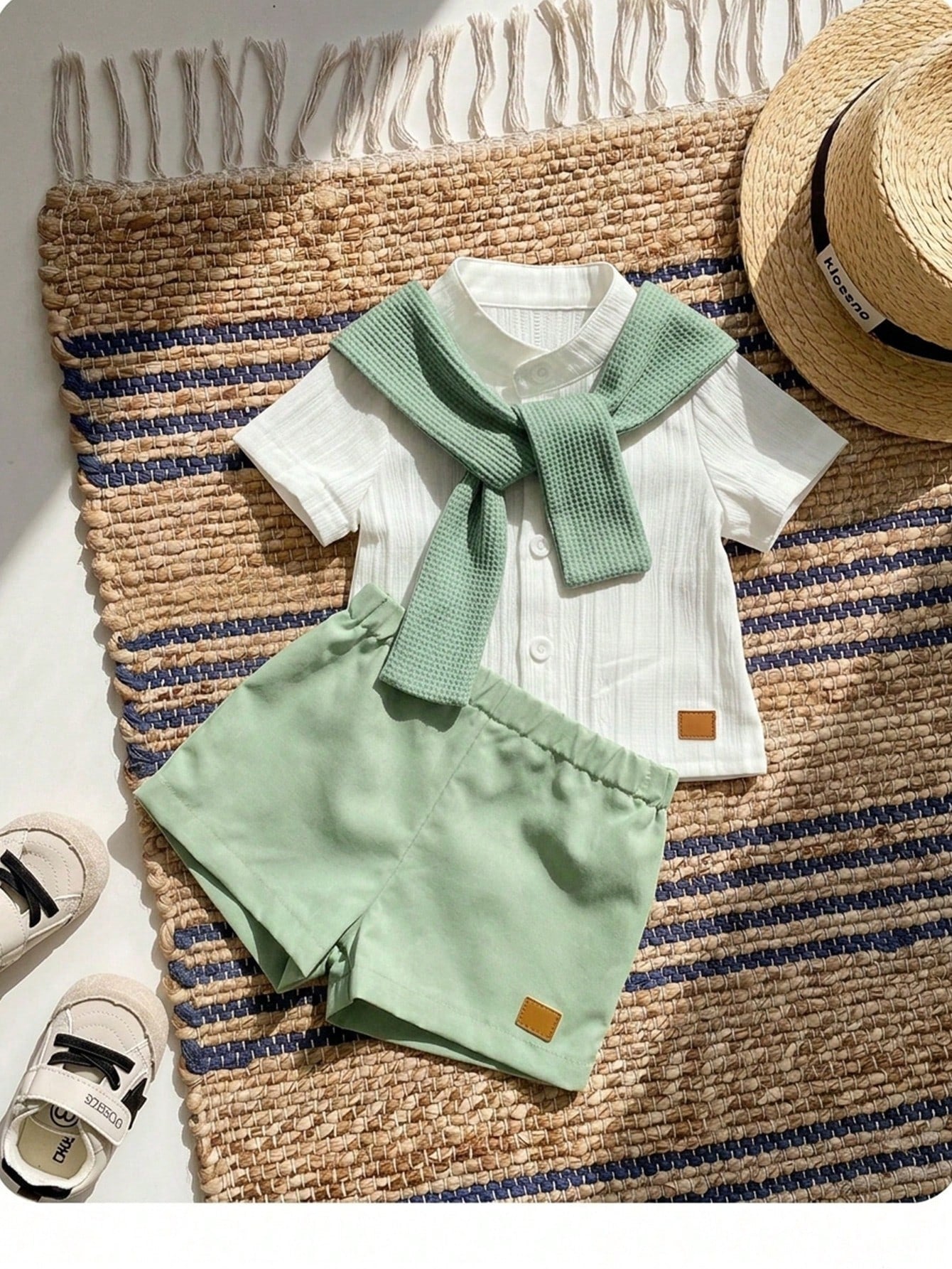 2pcs Baby Boys Textured Mandarin Collar Shirt & Shorts Set - Ivory ...
