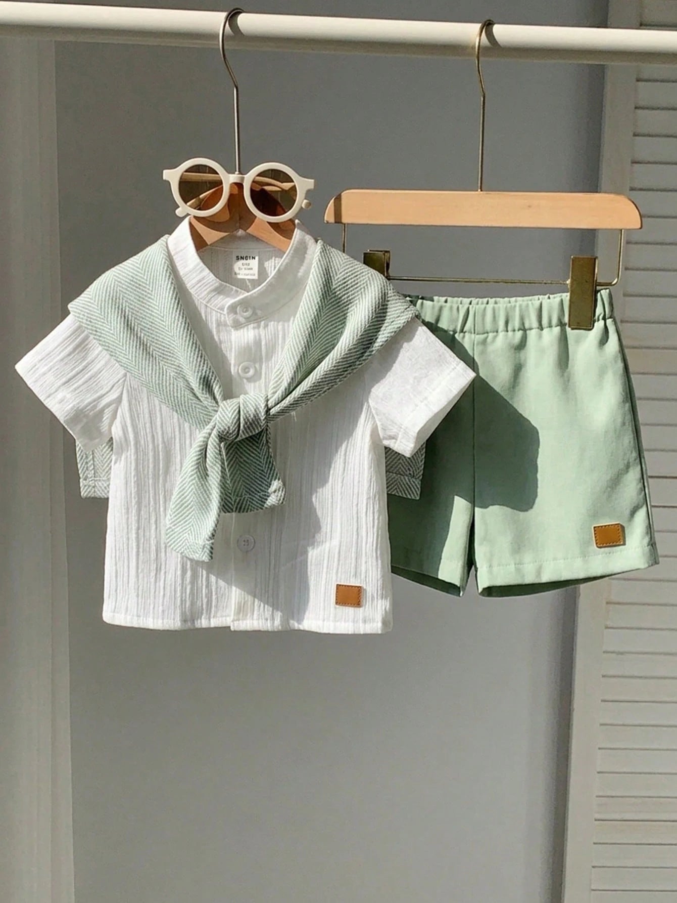 2pcs Baby Boys Textured Mandarin Collar Shirt & Shorts Set - Ivory ...