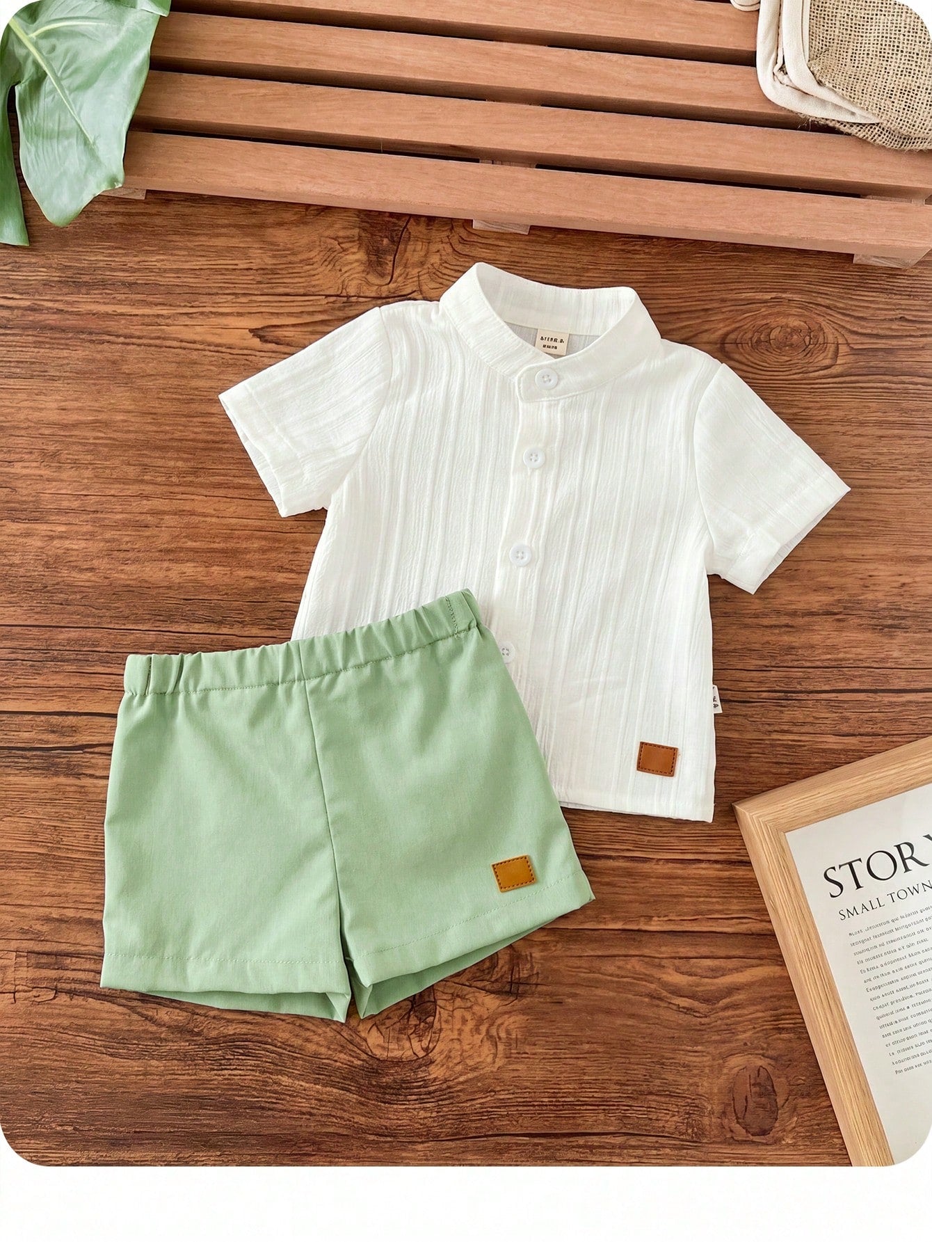 2pcs Baby Boys Textured Mandarin Collar Shirt & Shorts Set - Ivory ...