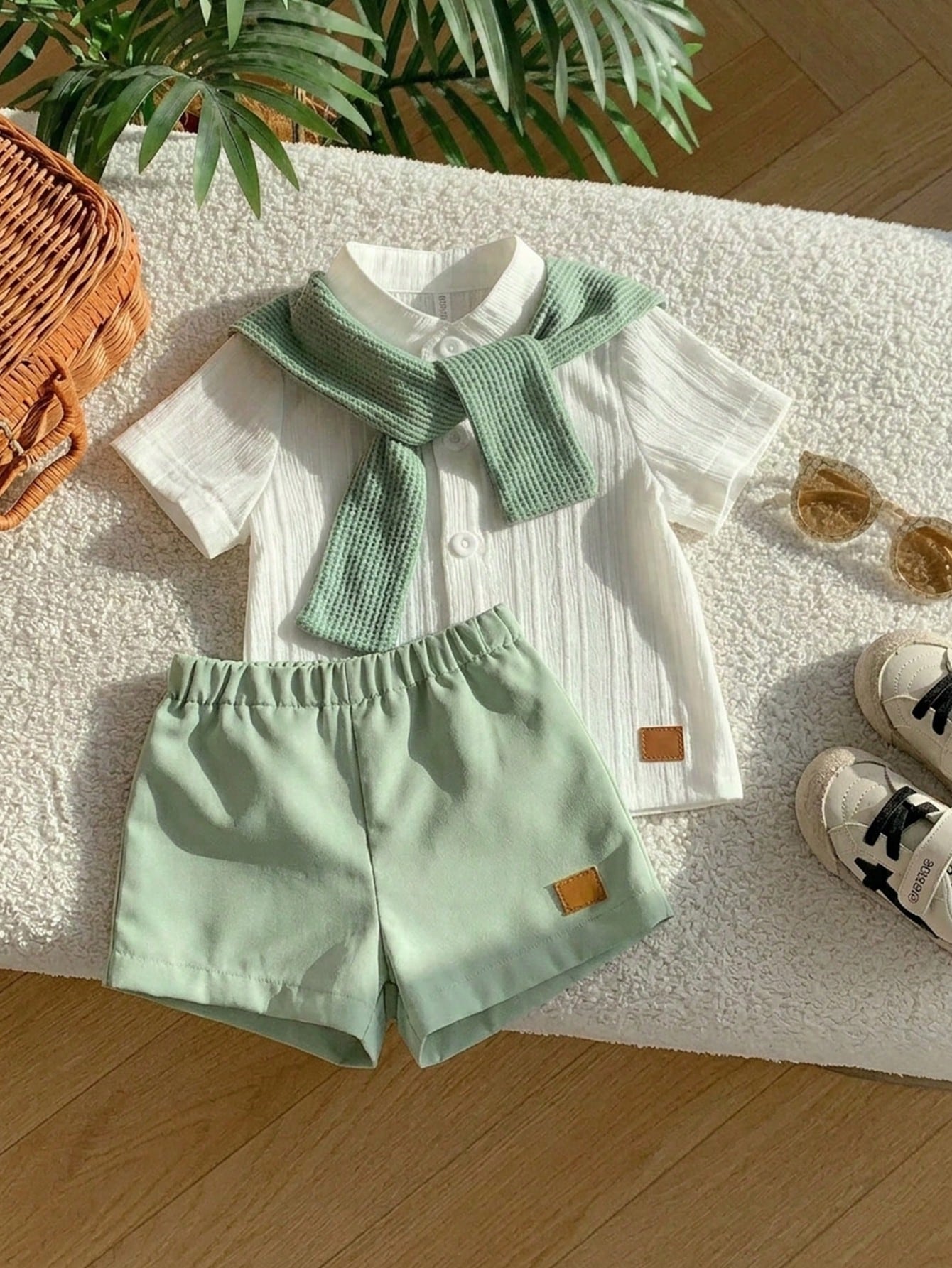 2pcs Baby Boys Textured Mandarin Collar Shirt & Shorts Set - Ivory ...