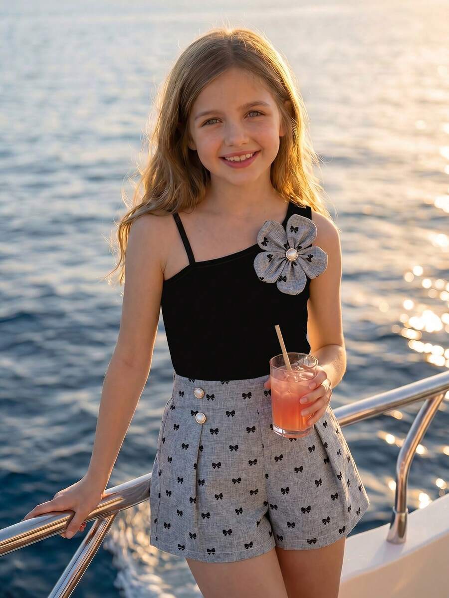2pcs Big Girls Asymmetric Camisole & Bow-Print Shorts Set - Slate |...