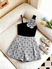 2pcs Big Girls Asymmetric Camisole & Bow-Print Shorts Set - Slate |...