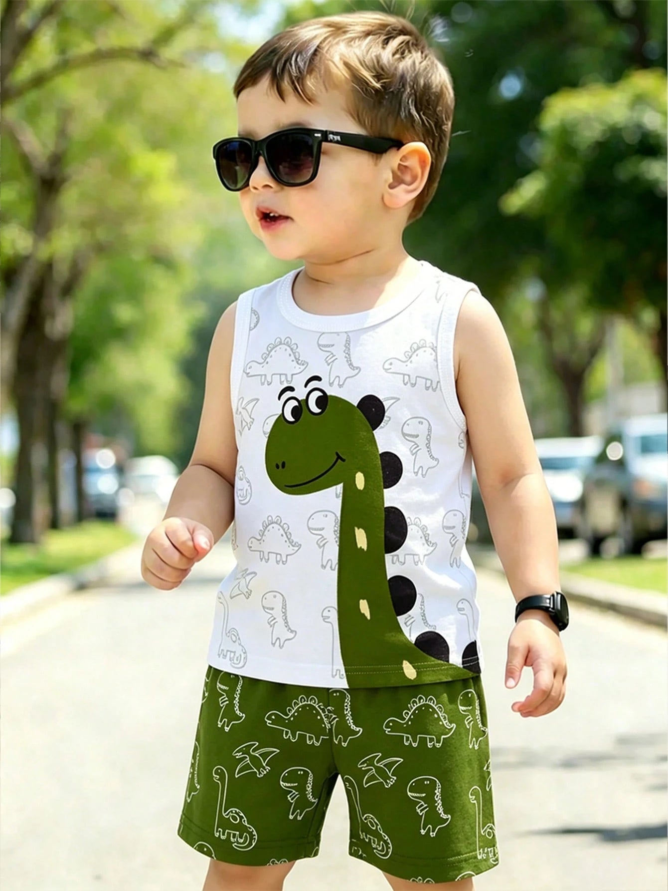 2pcs Boys Dinosaur Print Tank Top & Shorts Set - Ivory