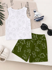 2pcs Boys Dinosaur Print Tank Top & Shorts Set - Ivory
